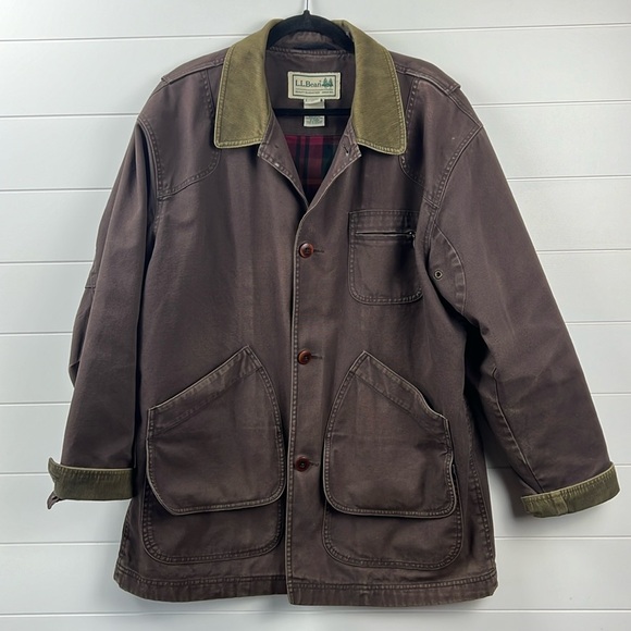 LL bean men’s Large barn coat chore jacket brown flannel lined double pocket - Picture 1 of 11